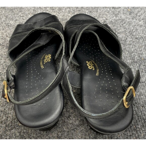 SAS Caress Cross Strap Sandals Size 6 W | Black Leather Comfort Wedge - Picture 7 of 16
